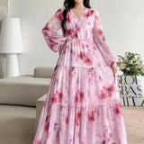Fongt Dress Women 2025 New High-End Sense V-Neck Pearl Buckle Lantern Sleeves Wide Swing Print Long Skirt