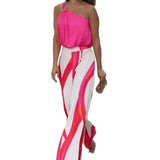 Fongt 2023 New Fashion Sexy Strap Striped Print Wide Leg Pants Suit-Outfit