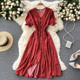 Dress Women's Aging Bubble Cuff Buckle Slimming Medium-Long Heart Machine Forked Retro Broken Flower Platycodon Grandiflorum Skirt-Outfit