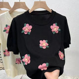 Retro Style Three-Dimensional Rose Flower Sweater Short-Sleeved Girl Spring And Summer New T-Shirt Pullover Blouse Girl-Outfit