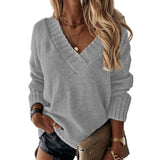 Women's Wear Solid Street Hipster Color Sweater V-neck Long Sleeve Pullover
