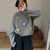 Fongt Autumn And Winter New Hook Flower Stereo Embroidery Art Retro Pullover Sweater Loose Show Thin Short Sweater Woman-Outfit