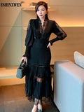 V Neck Long Sleeve Solid Color Patchwork Gauze High Quality Luxury Dress For Women 2024 Autumn Fashion Female New TH4680-Outfit