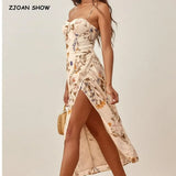 France Floral Print Adjust Lacing up Spaghetti Strap Midi Dress Sexy Women Elastic Back Hem Split Sling