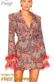 2023 Fall Style Ladies Long Sleeve Feather Sexy V Neck Print Floral Tight Belt Fashion Runway Celebration Party