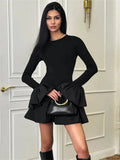 Ruffled Patchwork Long Sleeve Mini Dress-Outfit