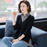 Patchwork Sweater Women Casual Loose Fake Two Piece Knit Tops Spring Fall Lapel Pullover Korean Mom Knitwear Jumper