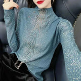 Plant Embroidery Half High Collar Pullovers Fashion Diamonds Spring Autumn New Spliced Women's Clothing All-match T-shirt-Outfit