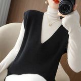 Fongt Blend 2024 Autumn Winter New Ladies Loose V-Neck Short Solid Color Set Knit Vest Vest Vest-Outfit