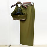 Fongt And Summer 2025 New Heavy Industry Nails Studded Neck Vest Top Open Fork Long Skirt Set Two Sets
