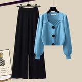 Knit Sets Womens Outfits French Vintage Square Collar Knitted Sweater And Wide Leg Pants Two Pieces Sets Office Lady