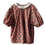 Floral Women Short Shirts Short Sleeves Lace Up Neck Korean Chic Lady Blouse Patchwork Female Outwear