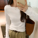 Round Collar Solid Color Elastic Long-Sleeved T-Shirt Women's Autumn And Winter New Basic Inner Bottom Top-Outfit