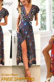 Women Boho V Neck Slim Waist arrival Sexy Long Maxi Dress Summer Beach Hot Party Floral Printed Sundress