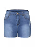 High Waist Elastic Slim Hole Tassel Denim Shorts Woman-Outfit