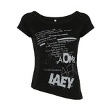 Fongt Dark Letter Print Slanted Shoulder Loose Short-Sleeved T-Shirt Millennium Hottie Street Sexy Backhide Hop Top