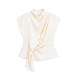 Spring Pleated Decorative Blouse Vertical Collar Sleeveless Solid Color Blouse 2267572-Outfit
