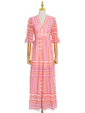 Fongt Vintage 2025 Spring New Fashion Design Prints V-Necked Leaf-Side Dresses For