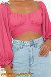 Sleeve Top Women Tie Back Crop Top Y2K Square Neck T Shirt Slim Lantern Sleeve Tops New Year 2023 Fall Spring Woman