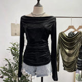 Real Shooting Stacking Long-Sleeved Pile Folded Shoulder T-Shirt Metal-Sclide T-Shirt