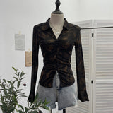 Real Shooting 2025 Spring And Summer New Tie Dye Mesh Elastic Temperament Clasp Tsets Single-Dear Horn Sleeve Shirt