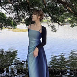 Gradient Blue Patchwork Strap Dress Spring New Ruched Backless A-line Vestidos Sexy Hot Slim Fit Long Robe Mesh Y2k-Outfit