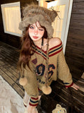 Brown V-neck Letter Print Oversize Sweater-Outfit