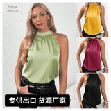 New Summer Satin Vest Women's Solid Color Shoulder-Hanging Sleeveless Blouse-Outfit