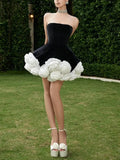Black Strapless 3d Floral A-Line Mini Dress-Outfit