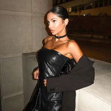 PU Leather Tube Crop Top And Zipper Skort Two Piece Set-Outfit
