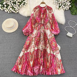 Quality Light Extravagant Lantern Long Sleeved Round Collar Waist Slim Single Breasted Printed Dress Elegant Long Skirt-Outfit
