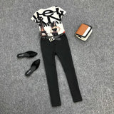 Women's Clothing Letter Printted Short Sleeve Shirt Blouse + Elegant Slim Ankle length Pants Suits 2 piece Set