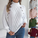 2025 Casual Solid Color Button Stung High-Collar Lantern Sleeve Sweater Women's