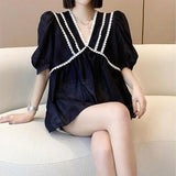 Lady Solid Color V-Neck Loose Chiffon Blouse Women's Clothing Short Sleeve Summer Lace Patchwork Casual All-match Shirt-Outfit
