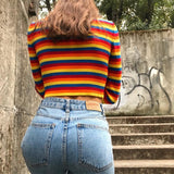 Rainbow Sweaters Pullover 2020 Winter Spring Slim basis Short Ladies Clothes Retro Stripes Femlae Knit Elasticity
