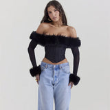 Fongt Women's Fall Sexy Waist Fishbone One Word Collar Fluffy Hot Girl Tight Long Sleeve Top Female-Outfit