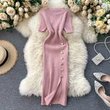 Fongt Summer New Knee Tight Elastic Knitted Dress Open Design Buckle Round Neck Dress Short Sleeve