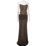 Brown Mesh Corset Bodysuit And Maxi Skirt Set-Outfit