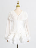 Fongt Wind Mesh Dress Woman 2025 New Fish Bone Repair Wood Ear Splicing Design Solid Dress