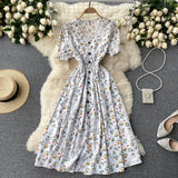 Dress Women's Aging Bubble Cuff Buckle Slimming Medium-Long Heart Machine Forked Retro Broken Flower Platycodon Grandiflorum Skirt-Outfit