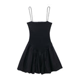 Spring Style Fluffy Poplin Rib Spliced Suspender Dress 4174347-Outfit