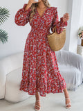 2025 Elegant Broken Flower Cross V Receive Waist Lotus Leaf Side Dress Women's
