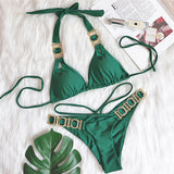 Fongt New Bikini Sexy Crystal Diamond Bandage Solid Color Split Women's Swimsuit