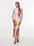 Fongt Women's Sexy Elegant Holiday Style Print Hanging Neck Tie Long Open Dress