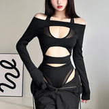 Fongt 2024 New Women's Fashion Sexy Mesh Stitching Long Sleeve Hollow Out Slim Crop Jumpsuit-Outfit