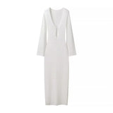 Fongt Women's Explosive Long-Sleeved Knitted Hollow V-Neck Dress