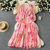 Fongt Temperament Elegant Dress Women's High-End Lantern Sleeves To Close The Waist Thin V-Neck Print Lotus Leaf Side Dress