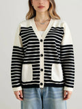 Fongt And Winter Single-Dcup Buckle V-Neck Pocket Knitted Cardigan New Striped Impact Coat