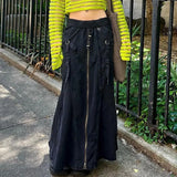 Dark Y2k Retro Grunge Strap Patchwork Zip Up Midi Skirts Gothic E-girl Black High Waist Women Long Skirt Fashion