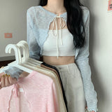 Short Cardigan Women Long Sleeve Thin Open Stitch Knitted Sweater Shirts Female Solid Shawl-Outfit